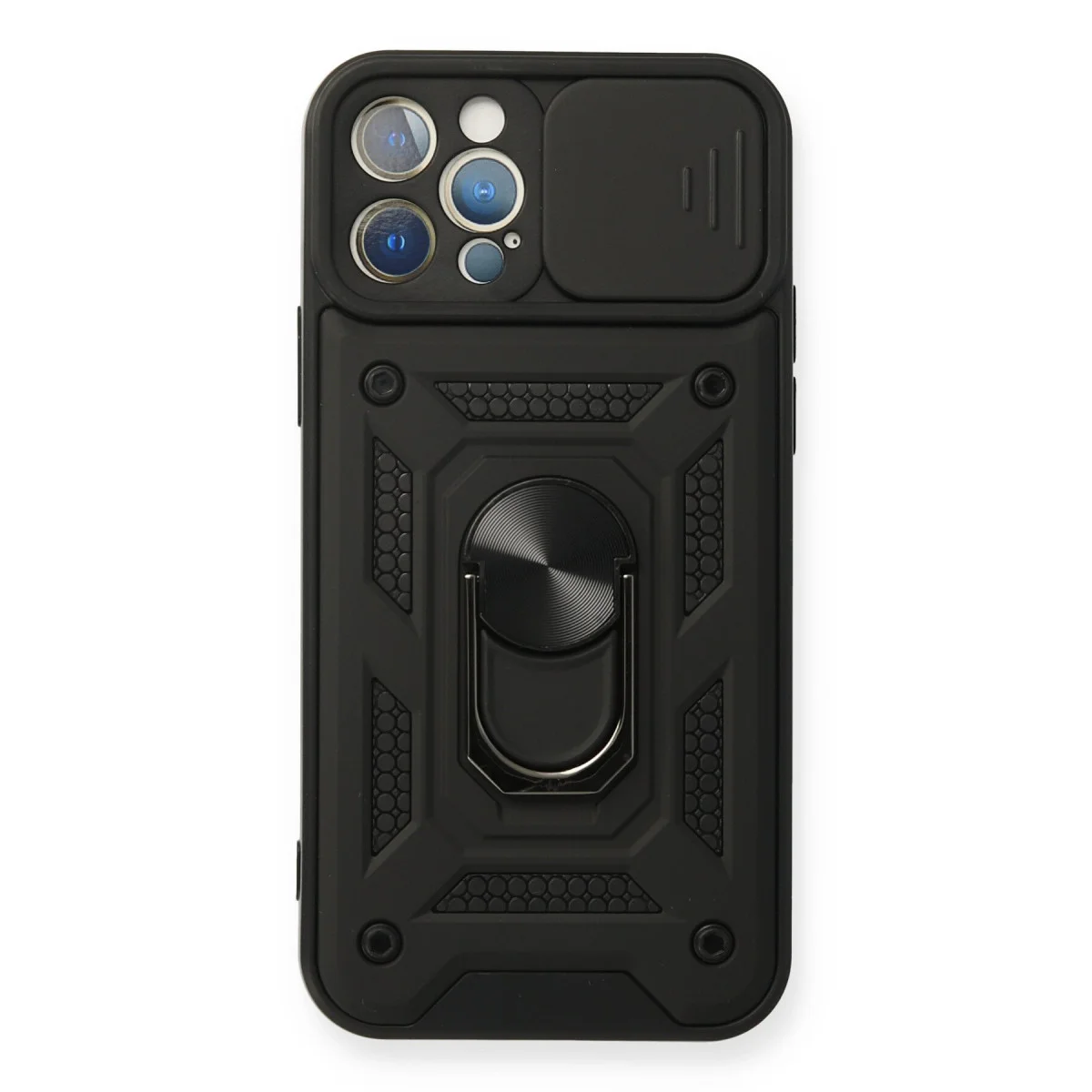 Northcity iPhone 12 Pro Silikon Kılıf - Pars Lens Korumalı Metal Standlı Siyah