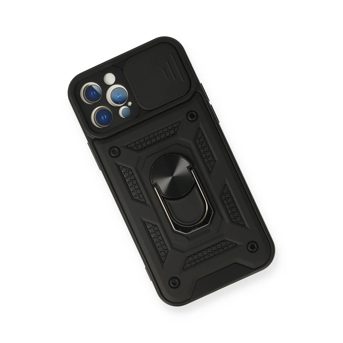 Northcity iPhone 12 Pro Silikon Kılıf - Pars Lens Korumalı Metal Standlı Siyah