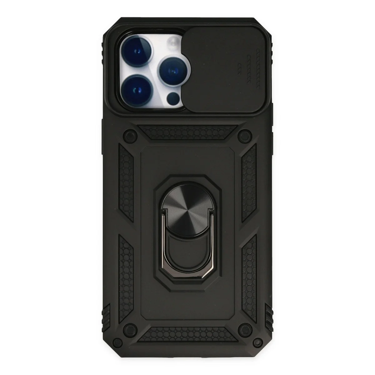 Northcity iPhone 14 Pro Max Premium Silikon Kılıf - Pars Lens Yüzüklü, Sürgülü Kapak ve Metal Stand ile Maksimum Koruma - Siyah