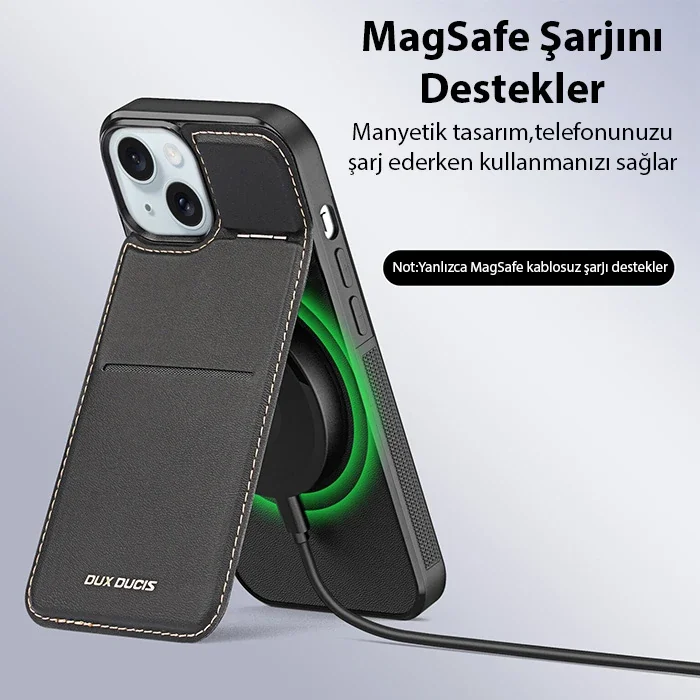 iPhone 14 Plus MagSafe Deri Kılıf – Premium Rafi Serisi Kartlık Standlı
