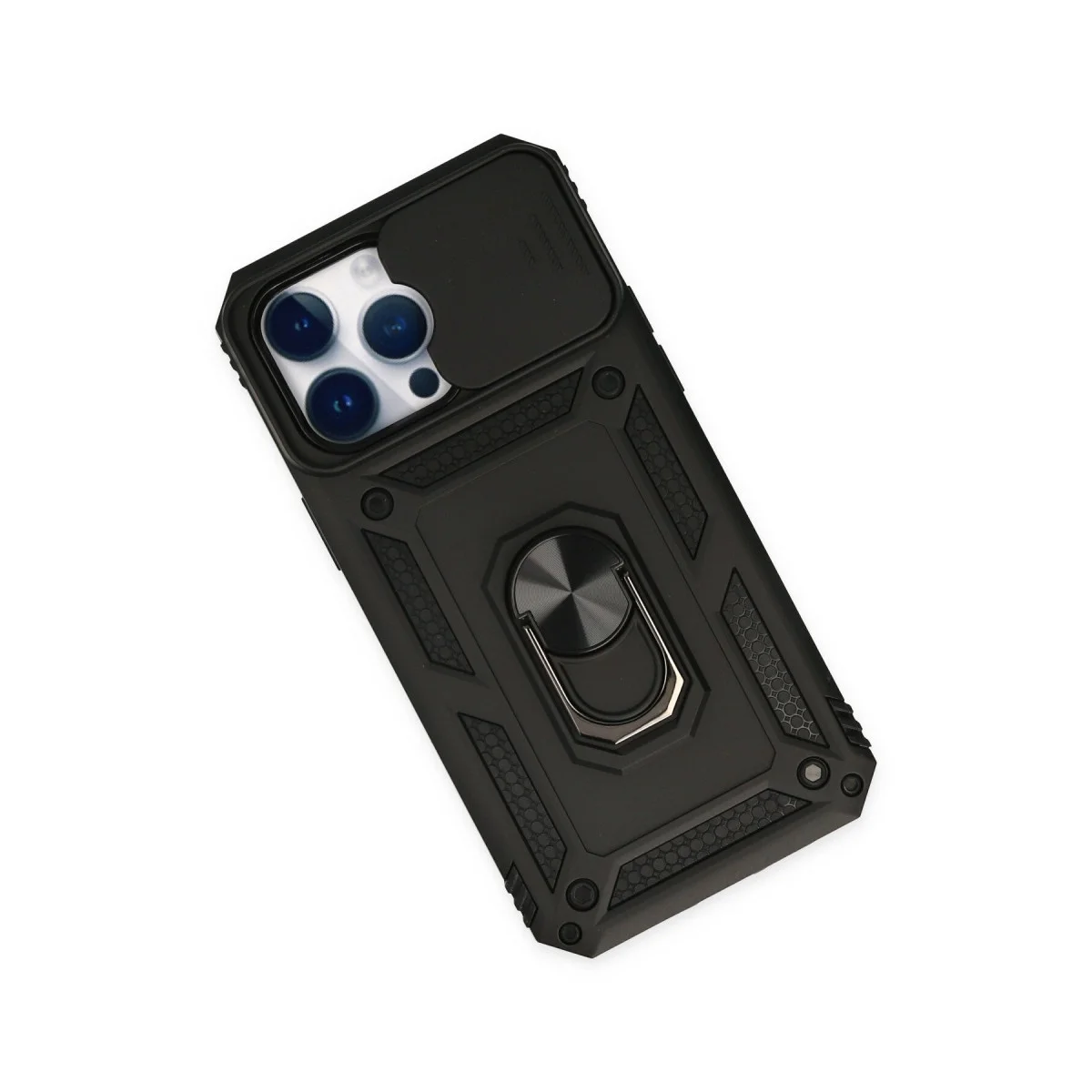 Northcity iPhone 14 Pro Silikon Kılıf - Pars Lens Yüzüklü Siyah Kılıf + Kamera Standı ve Lens Koruması