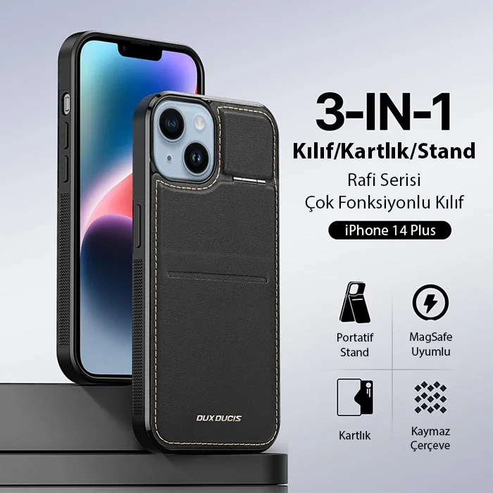 iPhone 14 Plus MagSafe Deri Kılıf – Premium Rafi Serisi Kartlık Standlı