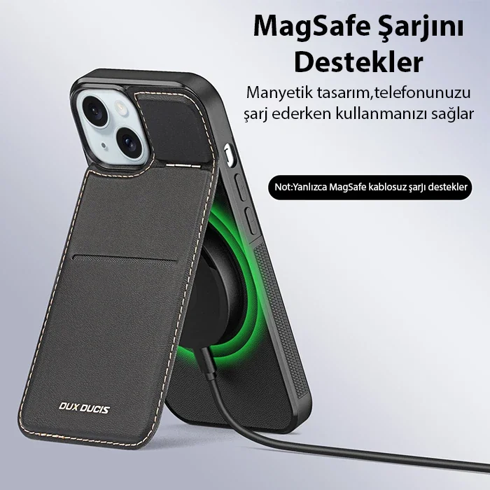 iPhone 15 Plus MagSafe Deri Kılıf, Kartlık Standlı - Siyah