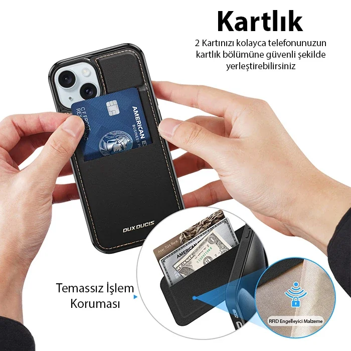 iPhone 15 Plus MagSafe Deri Kılıf, Kartlık Standlı - Siyah