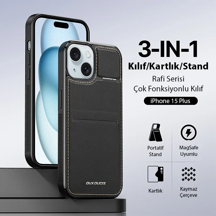 iPhone 15 Plus MagSafe Deri Kılıf, Kartlık Standlı - Siyah