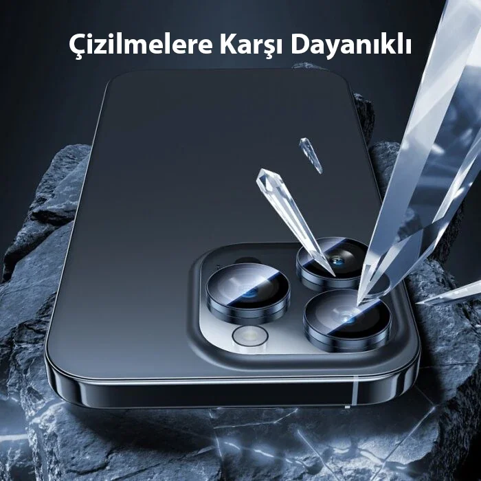 iPhone 15 Pro / Pro Max Kamera Lens Koruyucu - HD 3D Metal Çerçeveli Ultra Temperli Cam