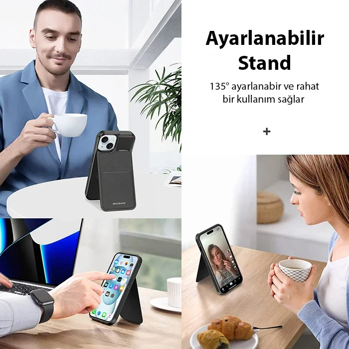 iPhone 15 Plus MagSafe Deri Kılıf, Kartlık Standlı - Siyah