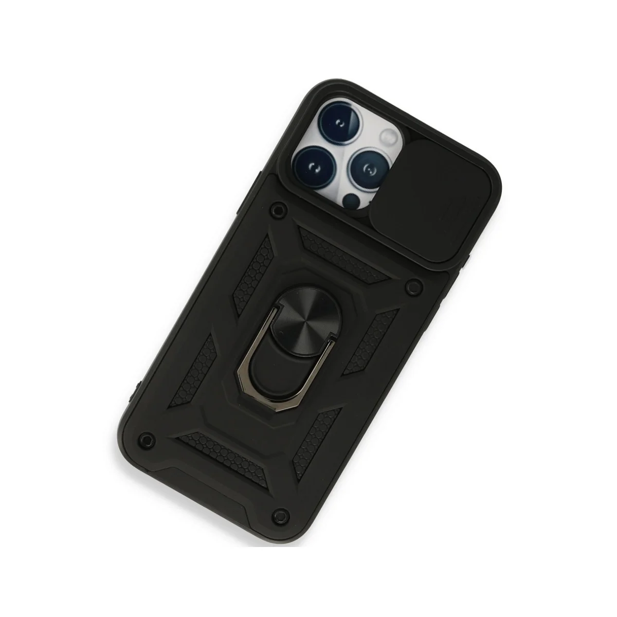 Northcity iPhone 15 Pro Max Kılıf - Siyah Pars Lens Yüzüklü Silikon Kılıf ve Metal Stand