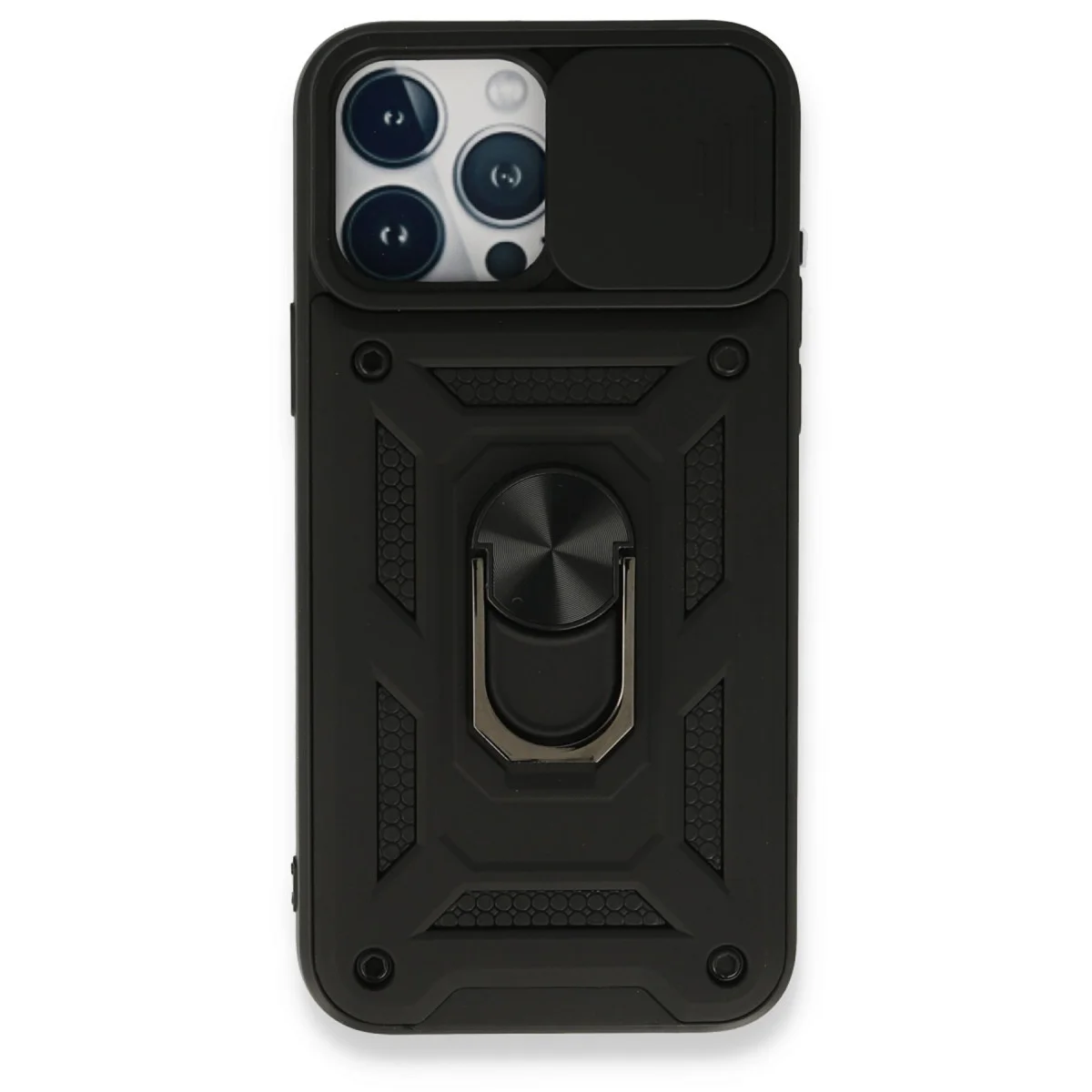 Northcity iPhone 15 Pro Silikon Kılıf: Pars Lens Kapağı ve Metal Standlı Siyah Model