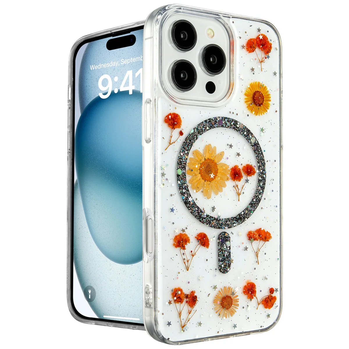 Northcity iPhone 16 Pro Daisy Simli MagSafe Kılıf - Siyah Doğal ve Güçlü Koruma