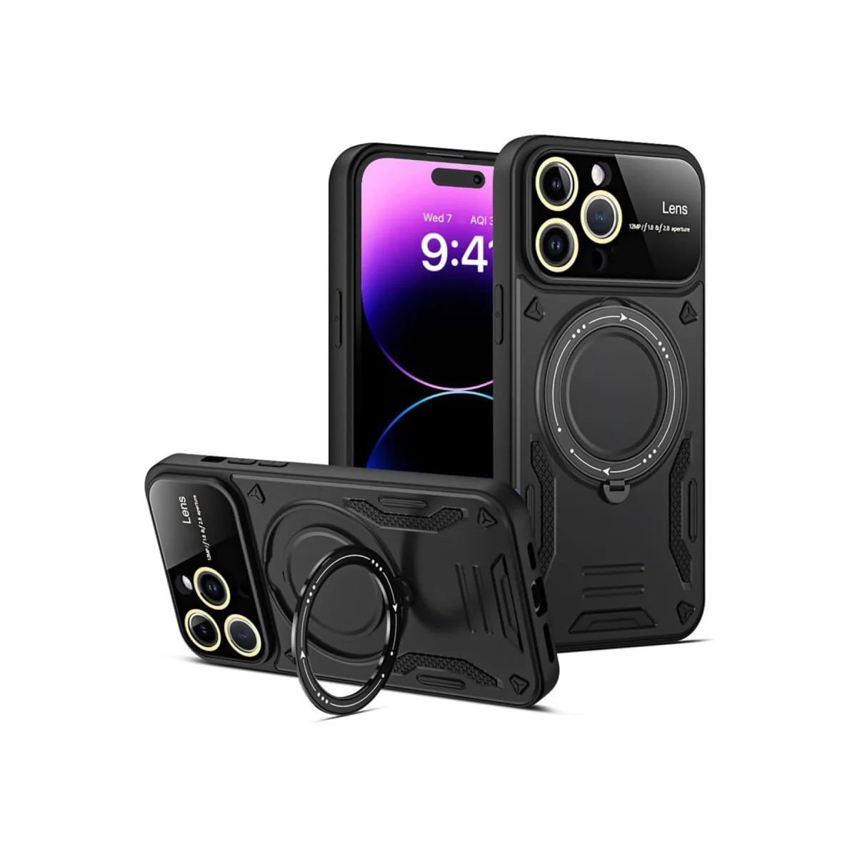 Northcity iPhone 16 Pro Max Joy Lens Standlı Kılıf - Siyah 360 Döner Parmak Halkası Askeri Düzey Korumalı
