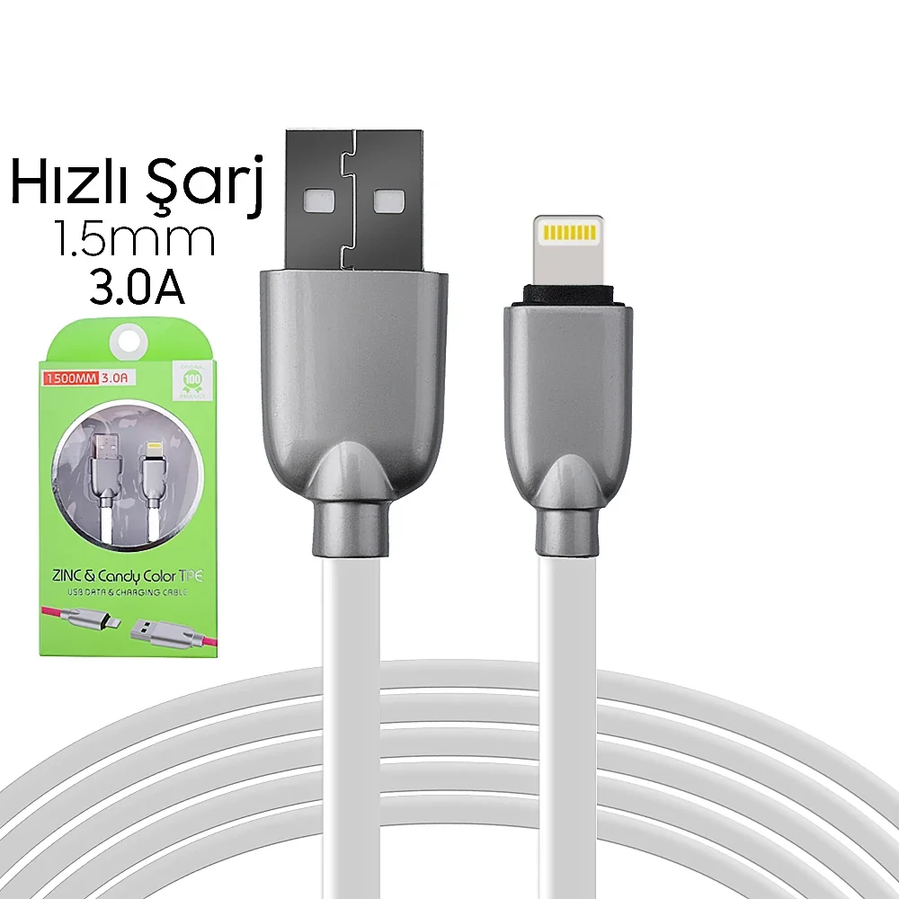 iPhone 5s/6s/7/8/8 Plus Zinc Alloy Dayanıklı 3.0A 1.5mm USB Şarj Kablosu