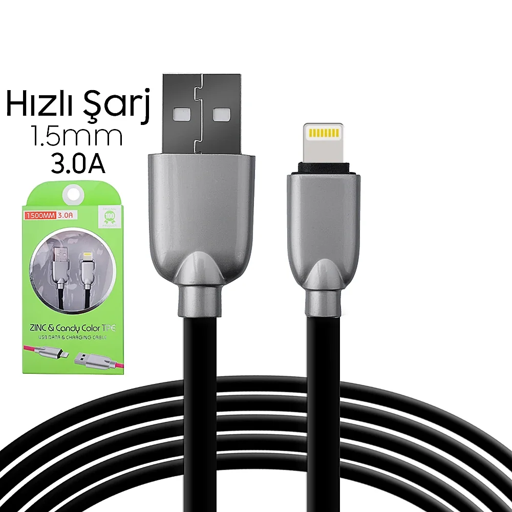 iPhone 5s/6s/7/8/8 Plus Zinc Alloy Dayanıklı 3.0A 1.5mm USB Şarj Kablosu