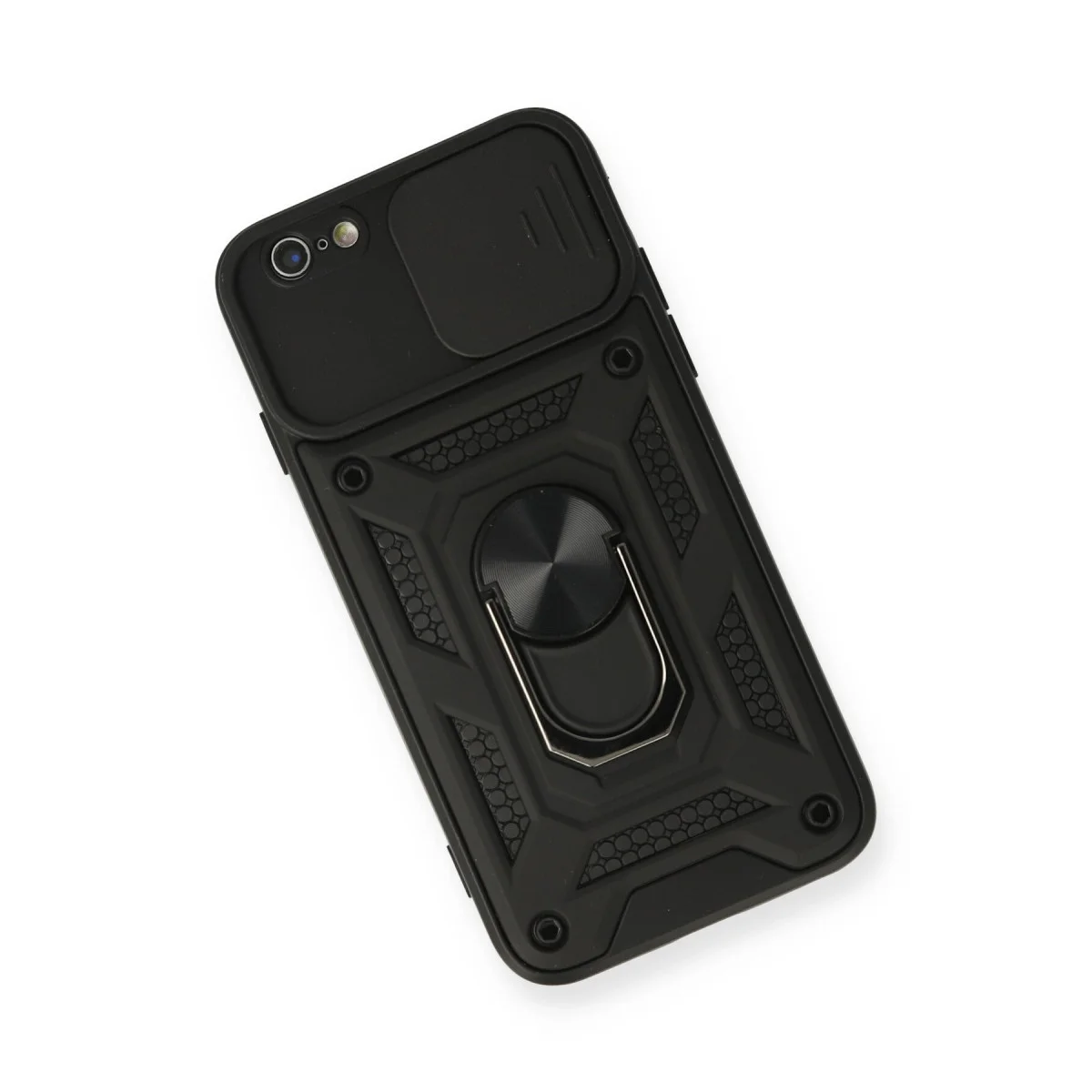 Northcity iPhone 6 Silikon Kılıf - Pars Lens Yüzüklü, Standlı ve Kamera Korumalı Siyah Kılıf