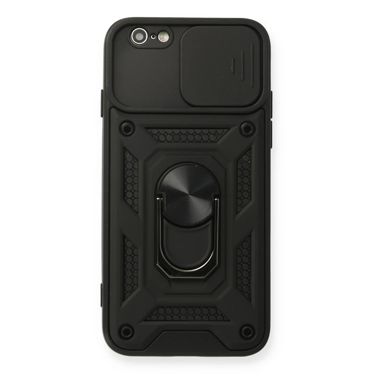 Northcity iPhone 6 Silikon Kılıf - Pars Lens Yüzüklü, Standlı ve Kamera Korumalı Siyah Kılıf
