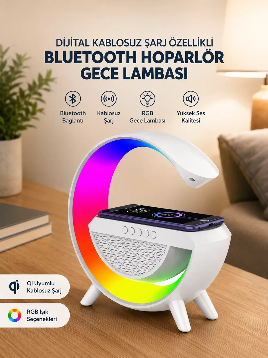 Kablosuz Bluetooth Hoparlör Gece Lambası - RGB Işık, 10 Saat Pil ve Şarj İstasyonu