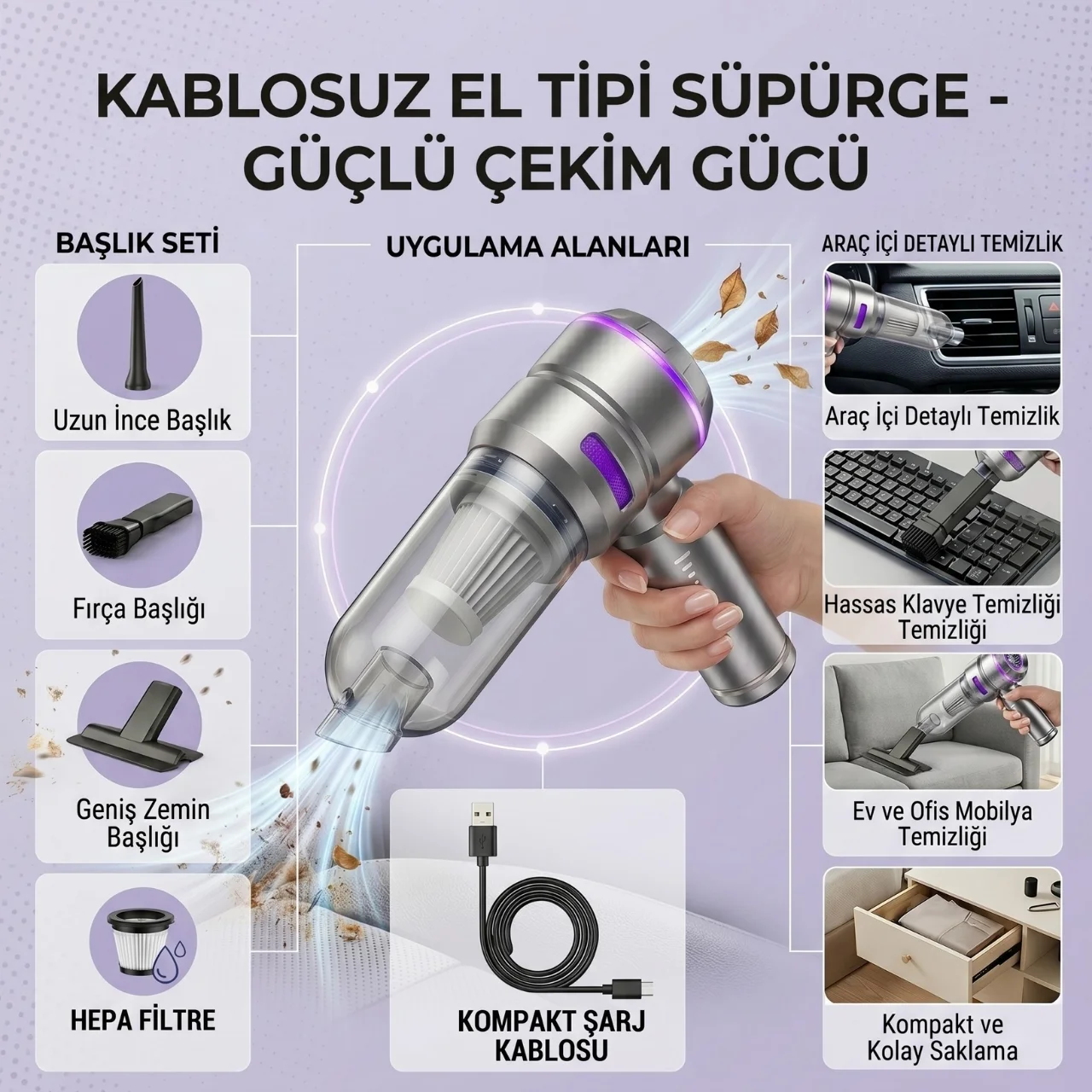 Northcity Kablosuz El Tipi Çoklu Başlıklı Süpürge - Hafif ve Prat