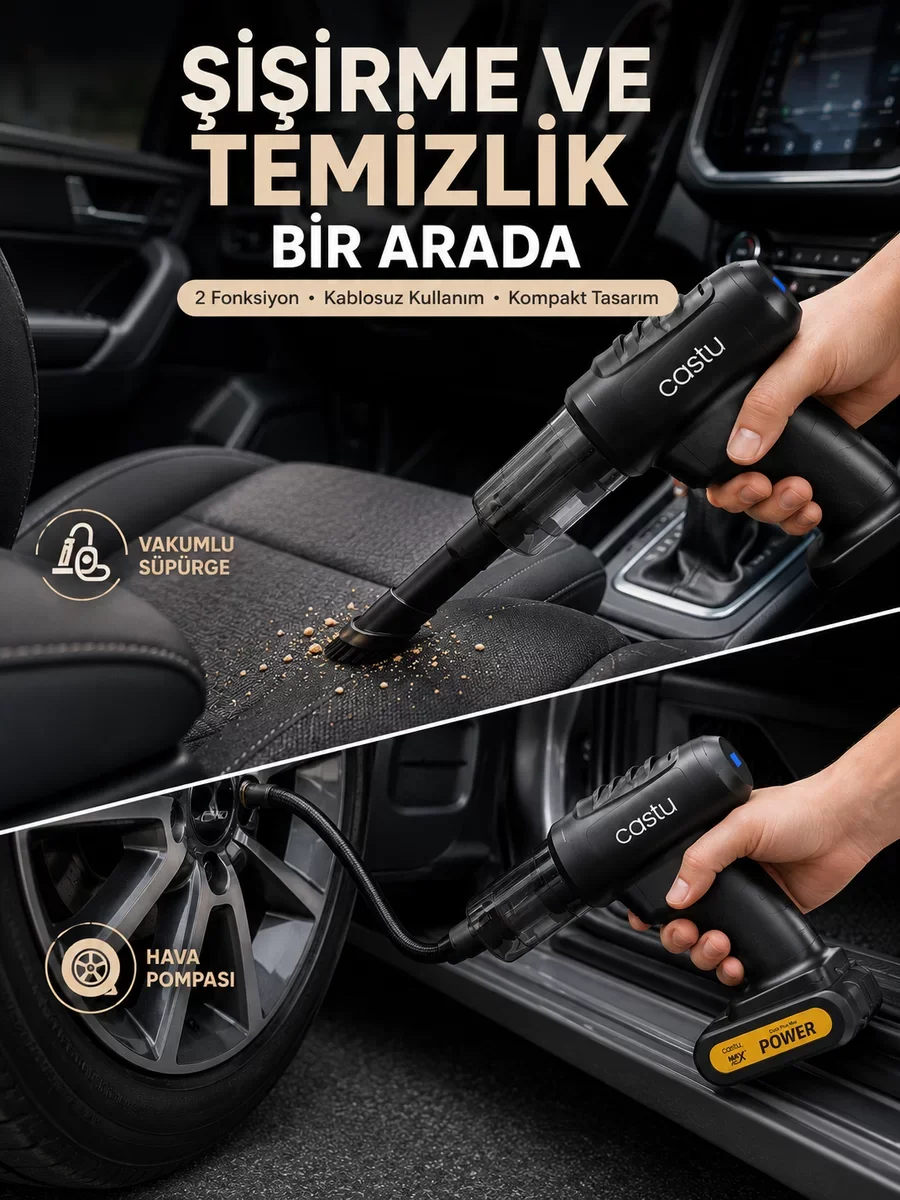 Kablosuz Hava Pompası ve Vakumlu El Süpürgesi – 2'li Kombi Cihaz, Şarjlı ve Çok Amaçlı