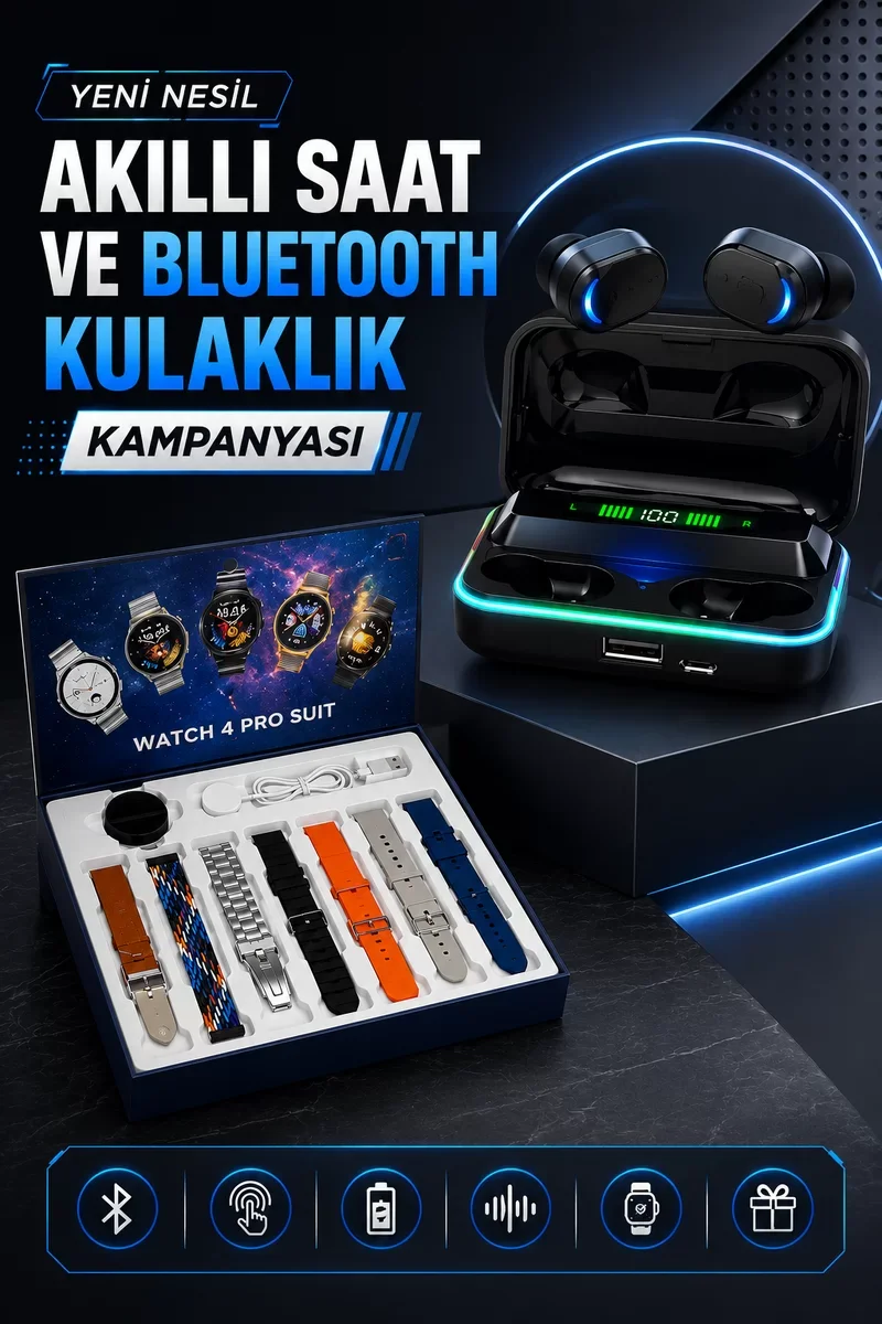 Kablosuz Kulaklık ve Akıllı Saat Seti - 7 Kordolu Powerbank