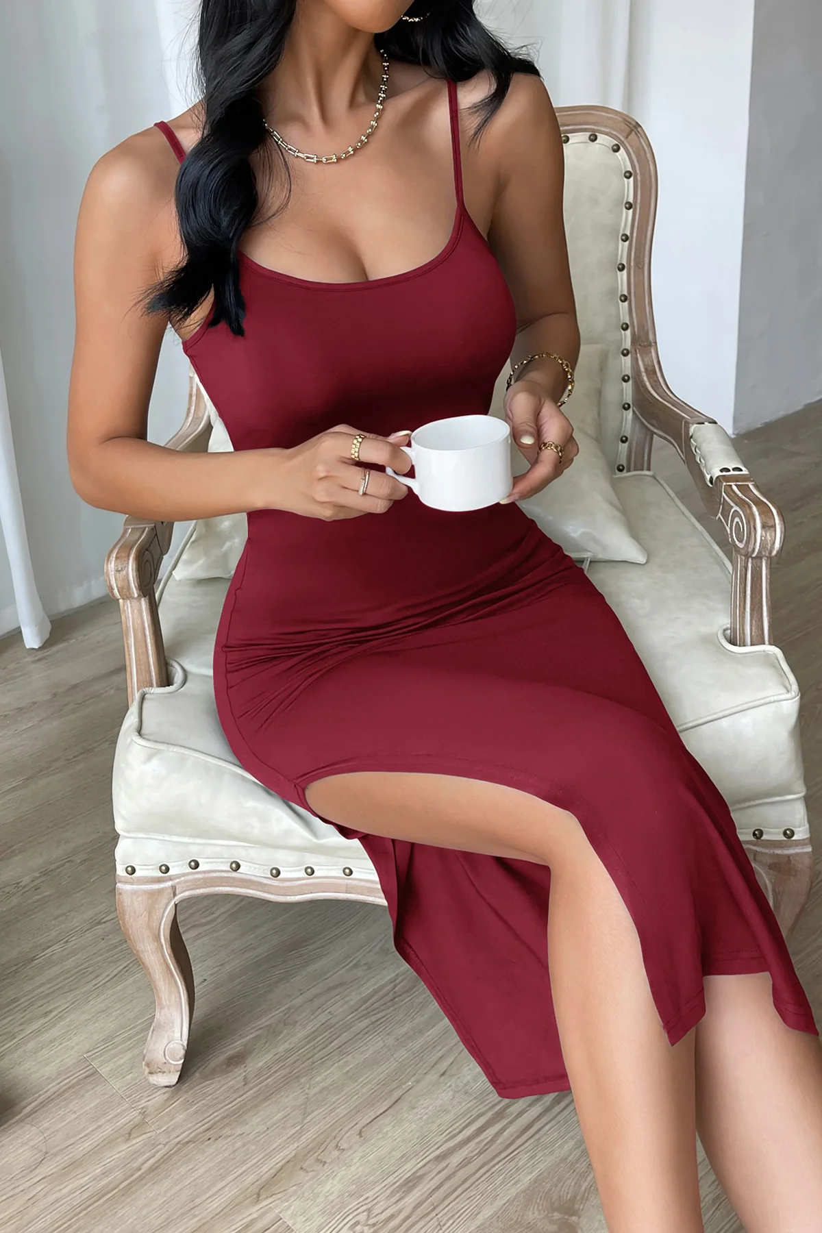 Northcity Kadın Bordo Yırtmaçlı Uzun Gecelik - Homewear ve Rahatl