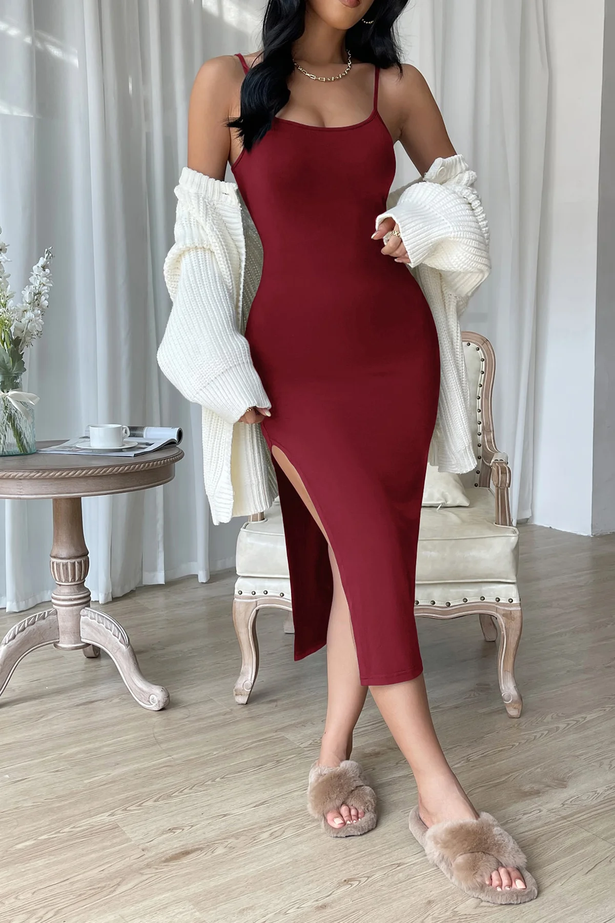 Northcity Kadın Bordo Yırtmaçlı Uzun Gecelik - Homewear ve Rahatl