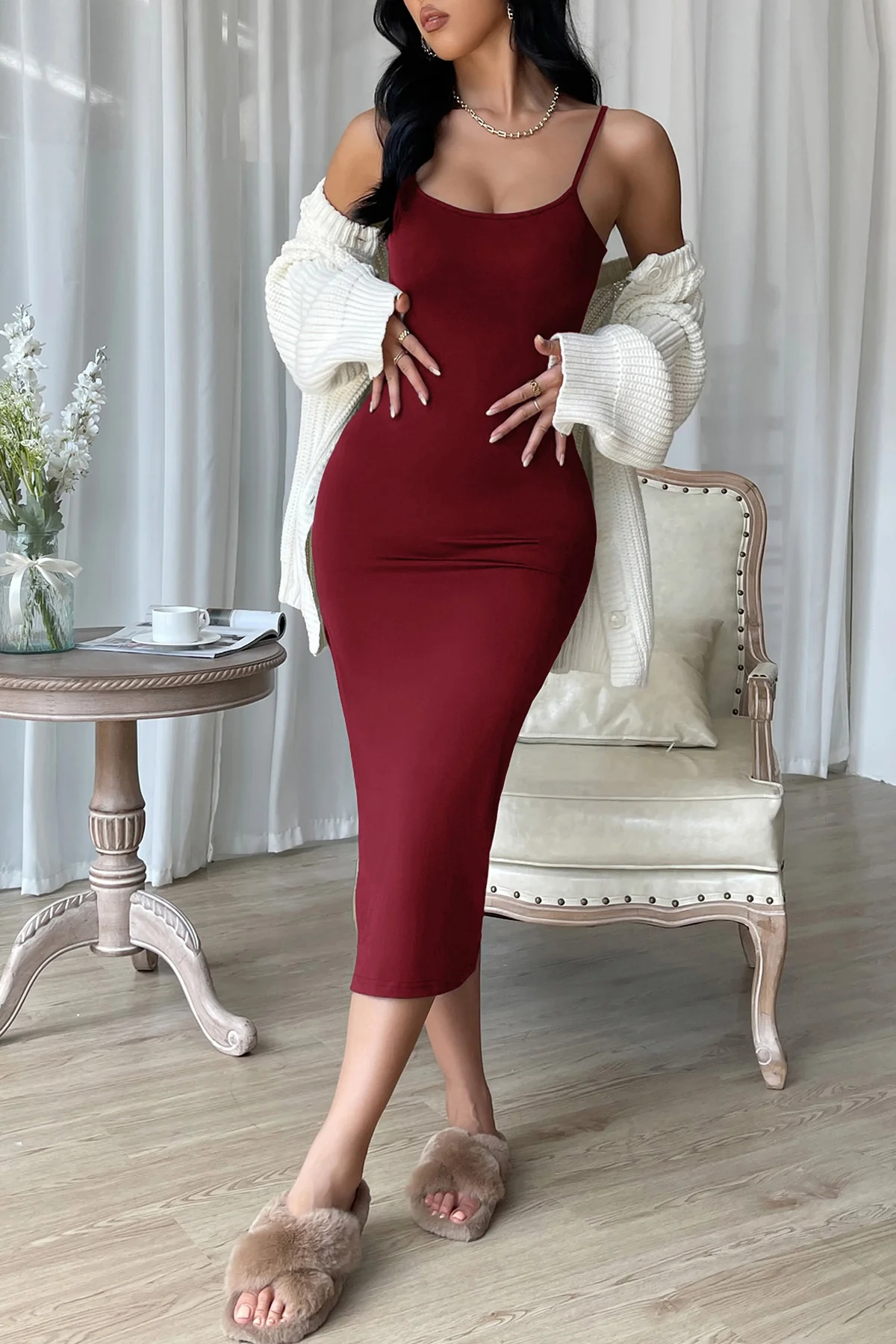 Northcity Kadın Bordo Yırtmaçlı Uzun Gecelik - Homewear ve Rahatl