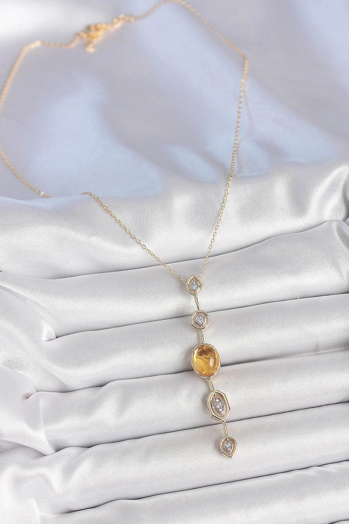 Northcity Kehribar Sarı Gold Zirkon Taşlı Pirinç Zincir Y Kolye -