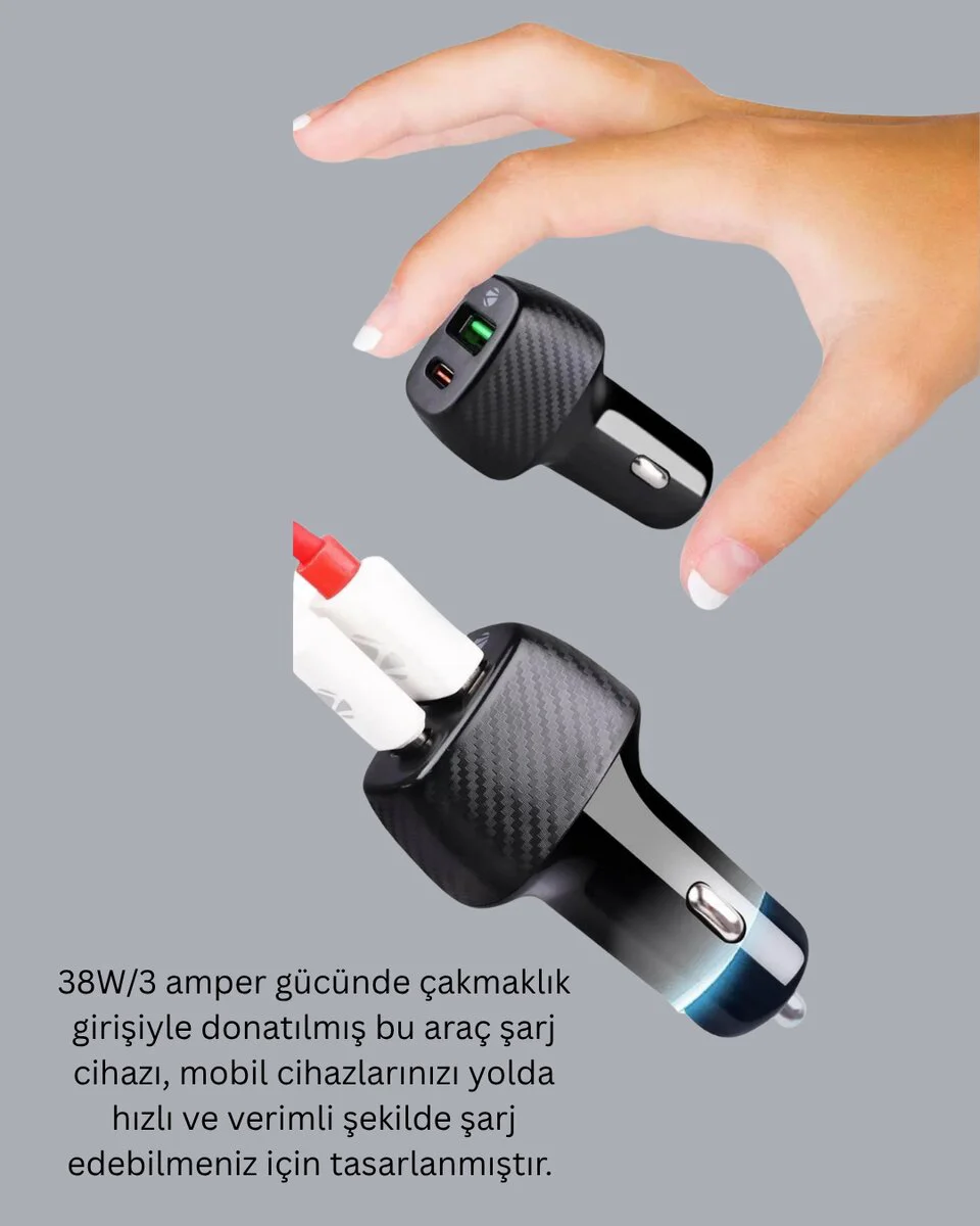 Kompakt Type-C + USB Araç Şarj Başlığı - 38W Hızlı ve Güvenli Şarj