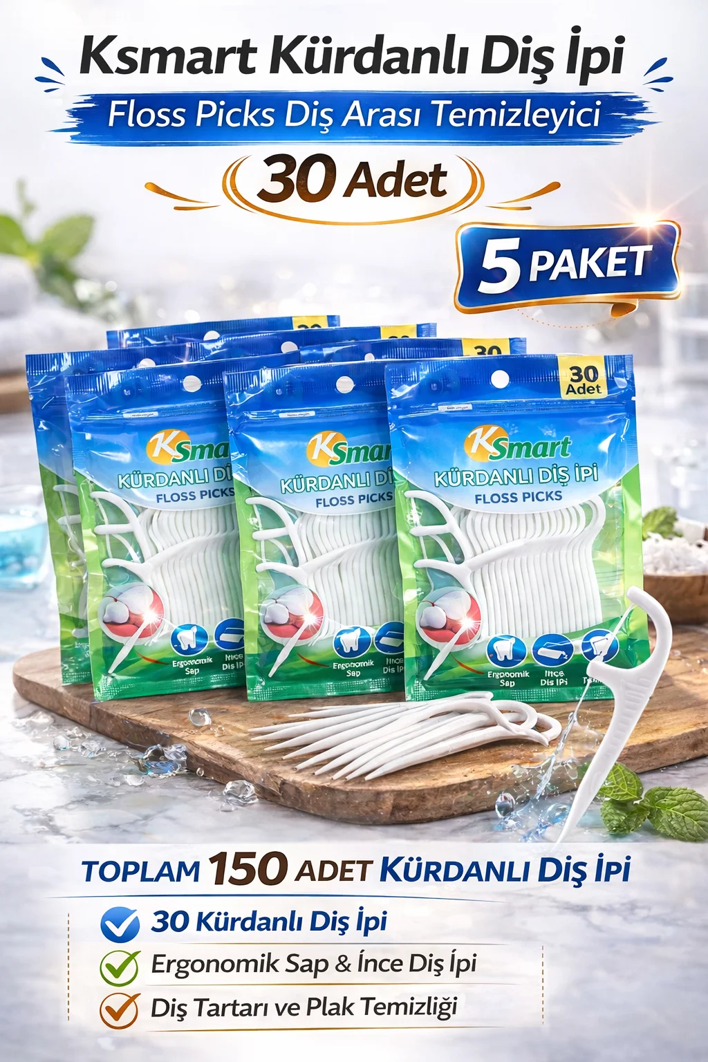 Northcity Kürdanlı Diş İpi 30 Adet Floss Picks - 5 Paket Diş Aras