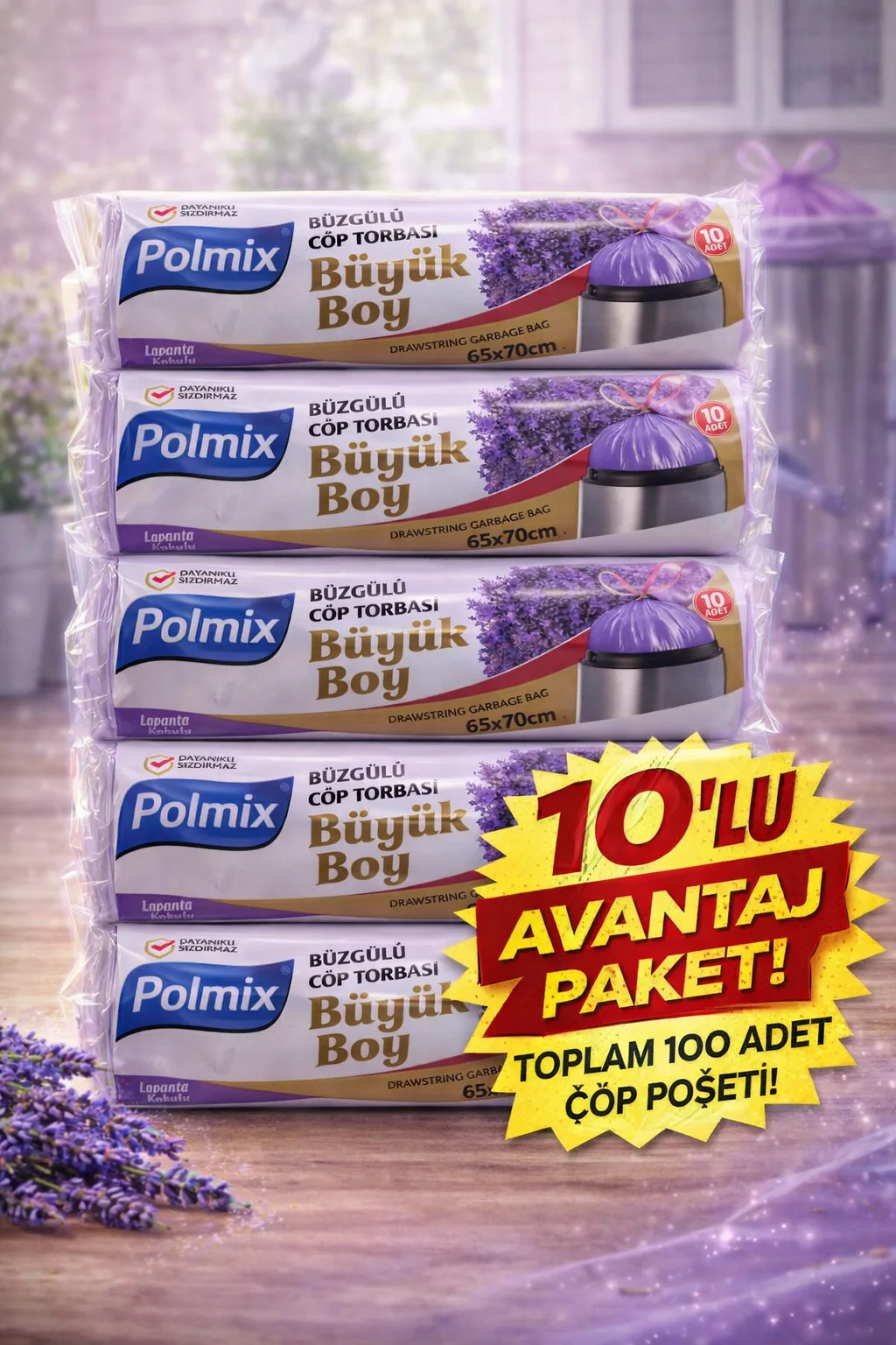 Lavanta Kokulu Büzgülü Çöp Torbası Büyük Boy 10'lu Paket - Sızdırmaz ve Dayanıklı 65x70 cm