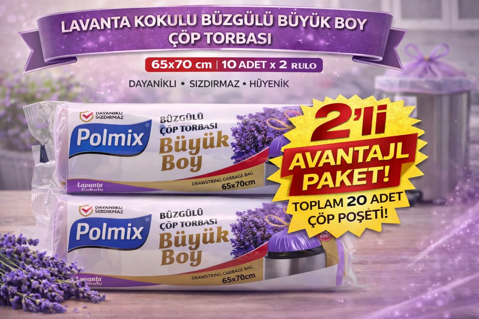 Northcity Lavanta Kokulu Büzgülü Çöp Torbası 65x70 cm Büyük Boy S