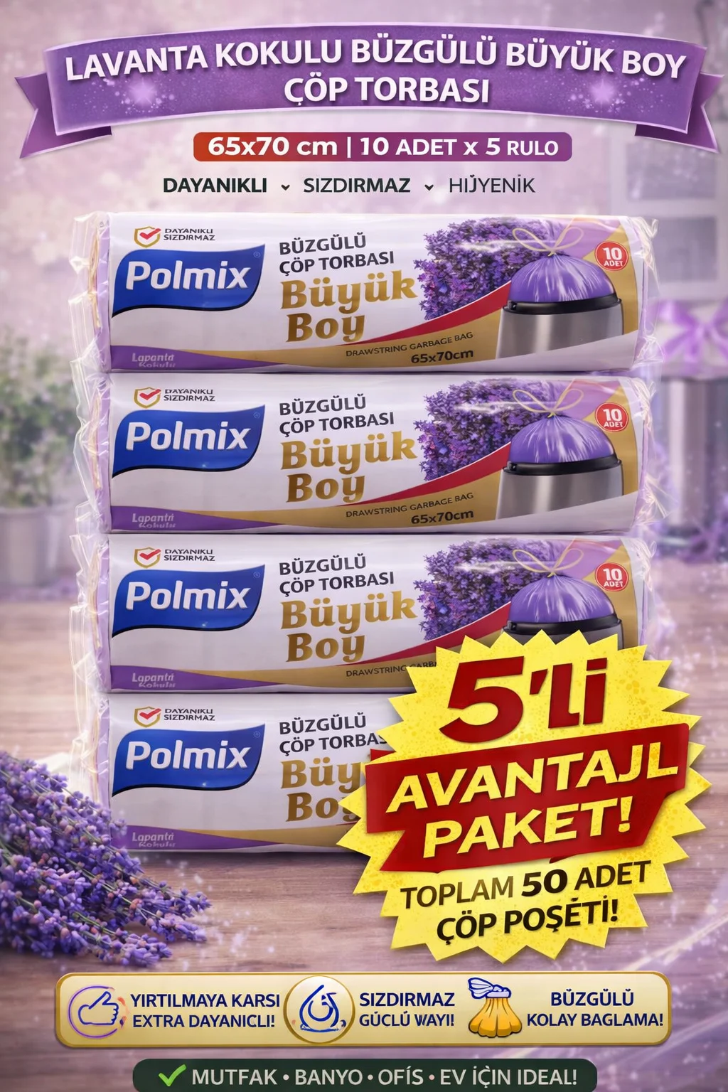 Lavanta Kokulu Büzgülü Çöp Torbası Büyük Boy 65x70 cm 50 Adet Sızdırmaz ve Dayanıklı