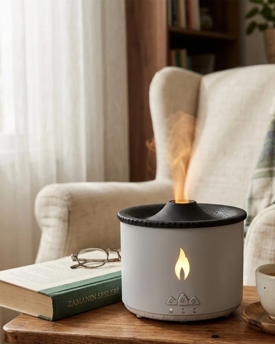 LED Alev Efektli Aroma Difüzörü Ultrasonik Hava Nemlendirici & Gece Lambası - Volkanik Sis Efekti