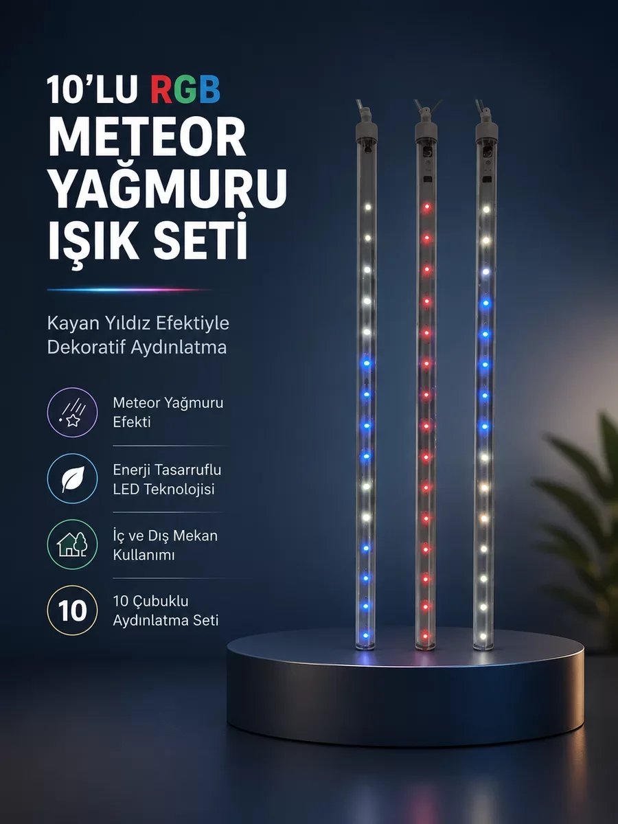 LED Meteor Yağmur Işık Çubuğu Seti 10 Adet - RGB Yıldız Efekti