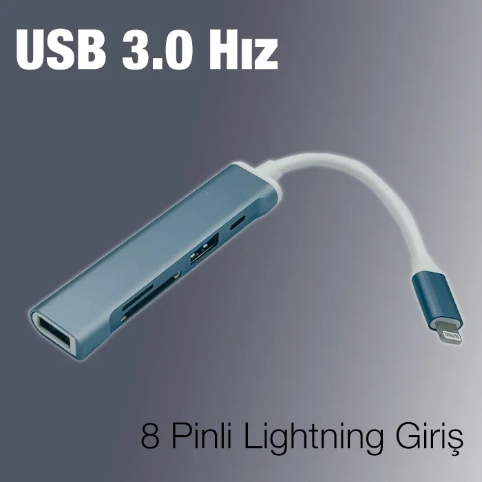 Lightning USB SD Kart Hub Adaptör 5’si 1 Arada iPhone iPad Uyumlu