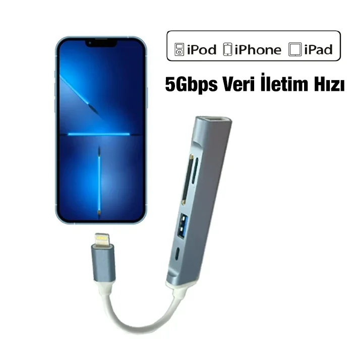 Lightning USB SD Kart Hub Adaptör 5’si 1 Arada iPhone iPad Uyumlu