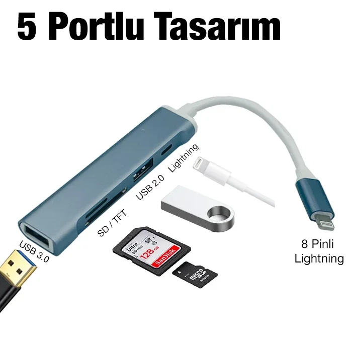 Lightning USB SD Kart Hub Adaptör 5’si 1 Arada iPhone iPad Uyumlu