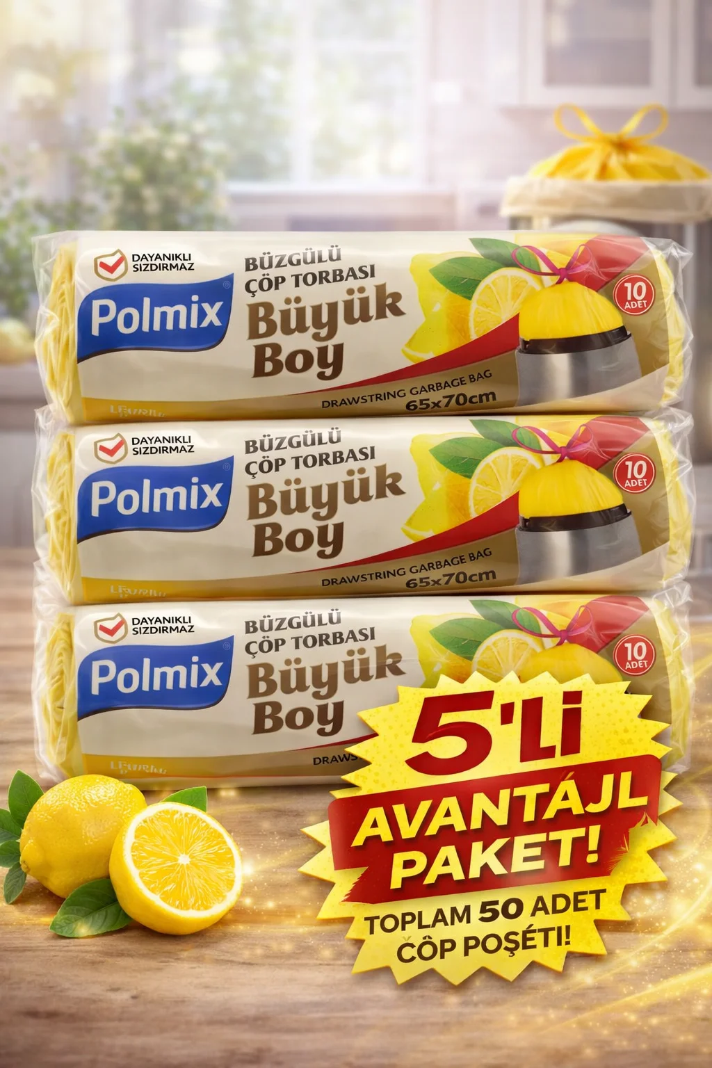 Limon Kokulu Büzgülü Büyük Boy Çöp Poşeti 65x70 cm - Dayanıklı Sızdırmaz 10'lu Paket