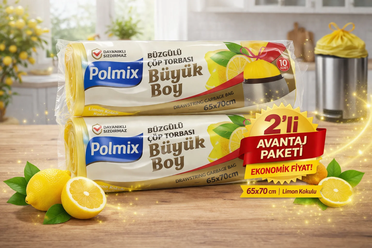 Limon Kokulu Büzgülü Büyük Boy Çöp Torbası 65x70 cm Sızdırmaz 10'lu 2 Paket