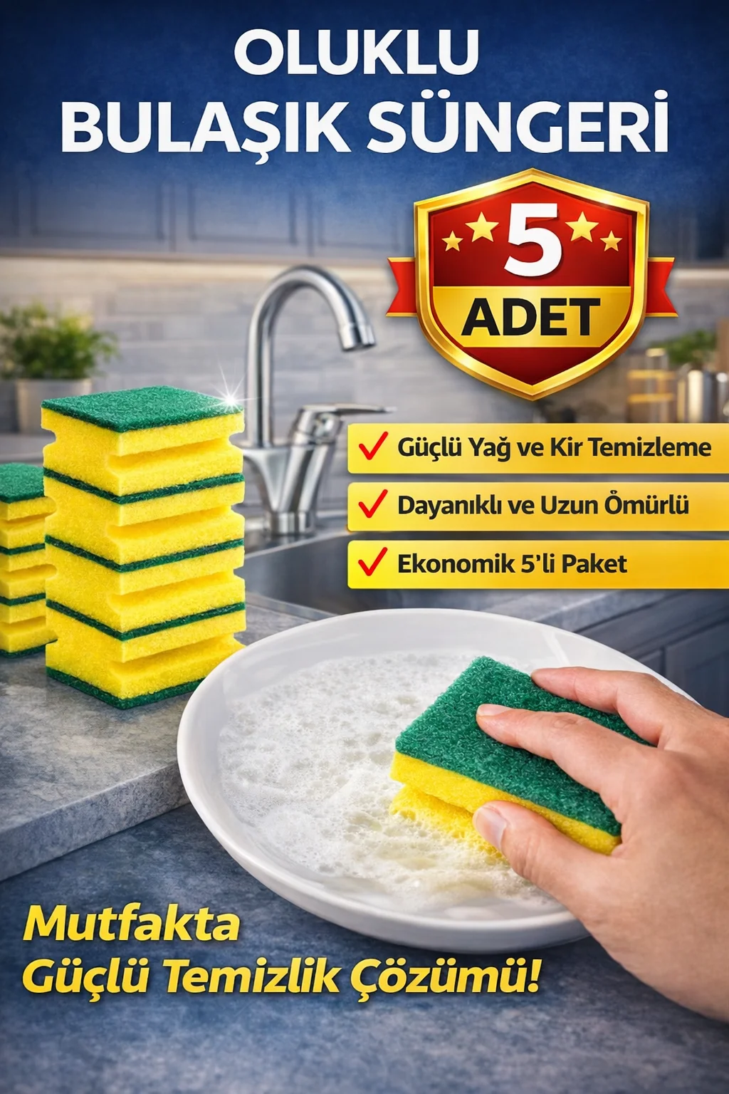 Northcity Lusil Oluklu Bulaşık Süngeri 5'li Paket - Çift Katmanlı