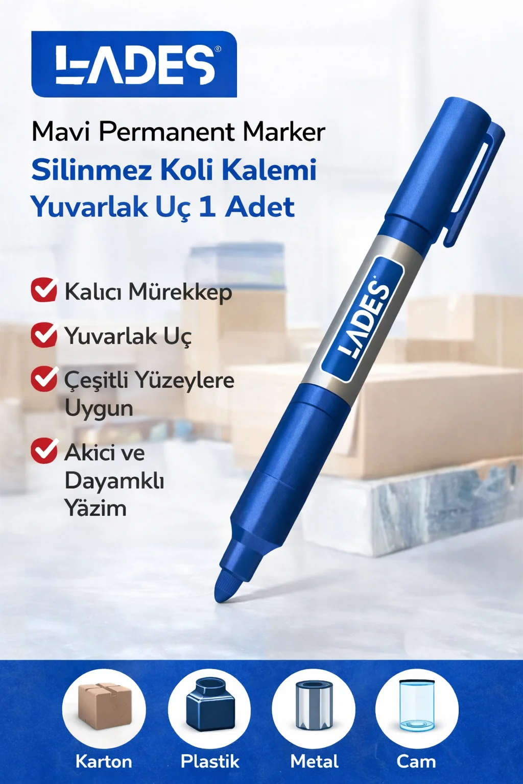 Mavi Permanent Marker Silinmez Koli Kalemi - Yuvarlak Uç