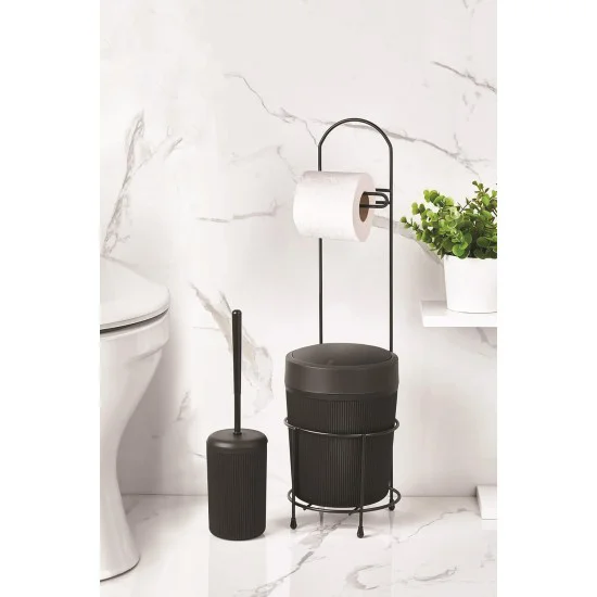 Metal Standlı Yuvarlak Kovalı Siyah Banyo Takımı - Küçük Banyolar İçin Mükemmel Düzen