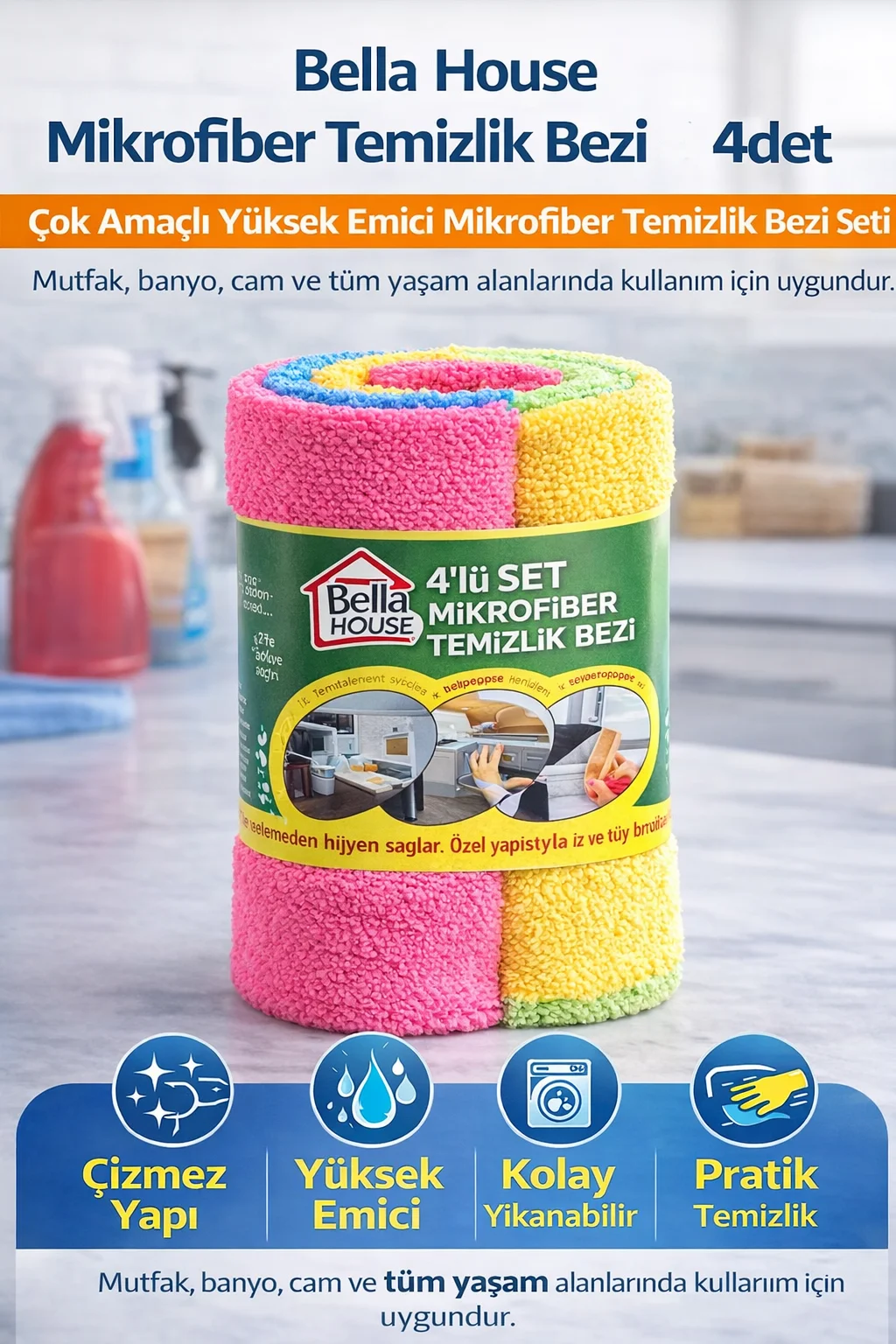 Northcity Mikrofiber Temizlik Bezi 4 Adet (4’LÜ 1 RULO) - Yüksek 