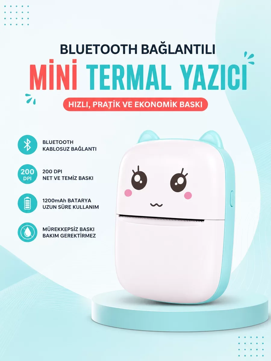 Mini Bluetooth Cep Yazıcısı - Mürekkepsiz Termal Baskı Teknolojisi ile Pratik Not Yazdırma
