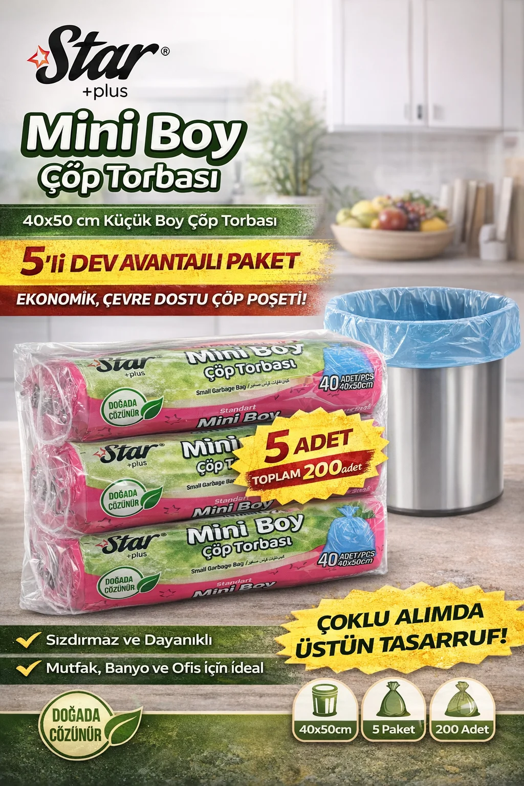 Northcity Mini Boy Çöp Torbası 40x50 cm Sızdırmaz 5 Paket - Hijye