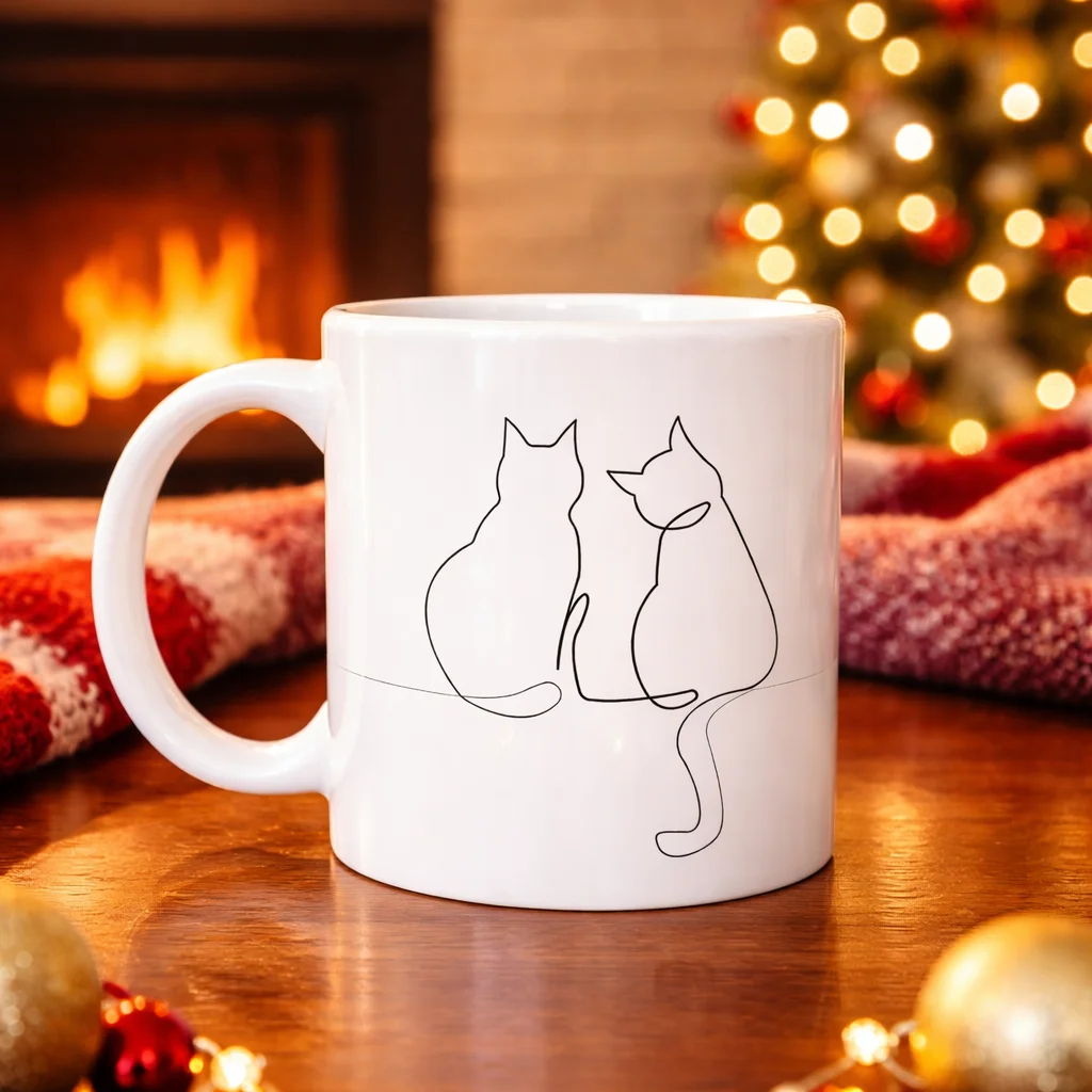 Northcity Minimal Çizim İki Kedi Desenli Porselen Kupa | Kahve & 