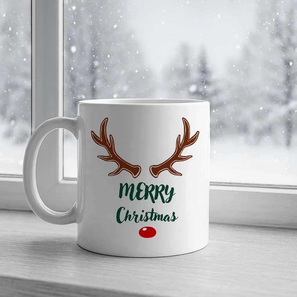 Noel Kupası - Merry Christmas Yazılı Geyik Boynuzlu Seramik Kahve Kupası Model 212