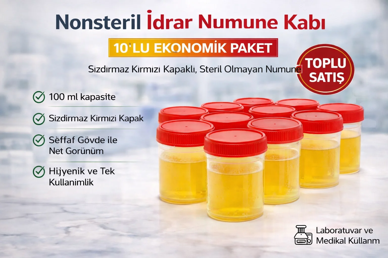 Nonsteril İdrar Numune Kabı 100 ml Sızdırmaz Kapaklı – Laboratuvar ve Medikal Kullanım İçin 10'lu Paket