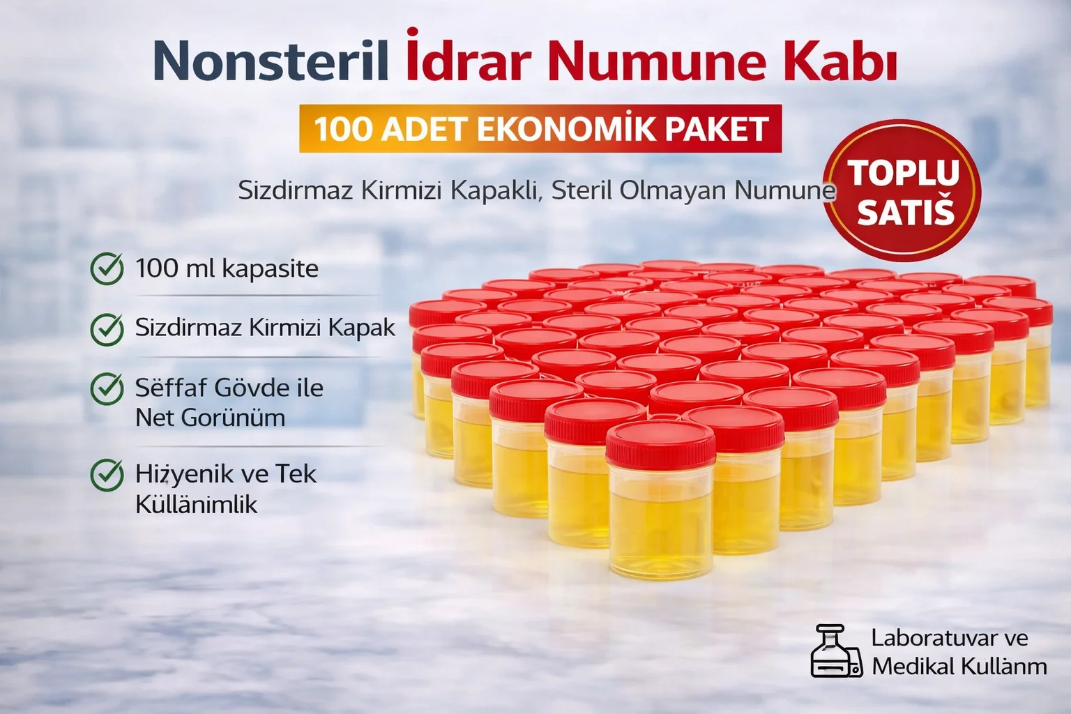 Northcity Nonsteril İdrar Numune Kabı 100 ml - Sızdırmaz Kapaklı 