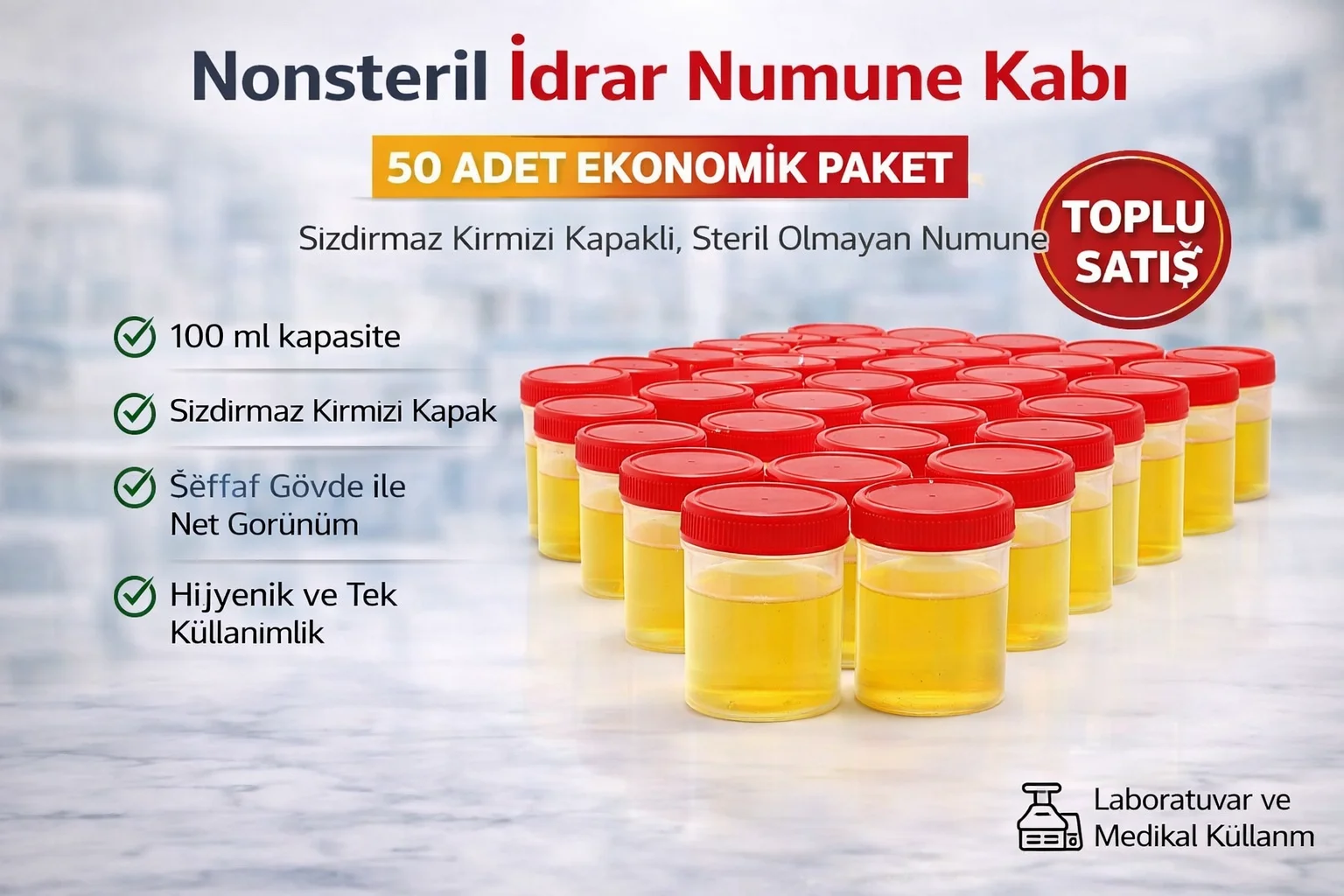 Northcity Nonsteril İdrar Numune Kabı 100 ml Sızdırmaz Kapaklı Me